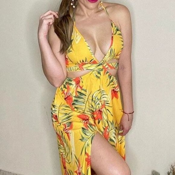 Yellow Tropical print Maxi dress with thigh slit - Picture 5 of 10